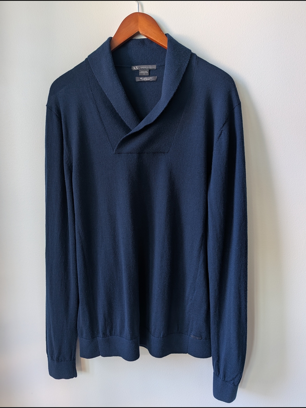 Armani Exchange 100% Merino Wool Navy Shawl Collar Sweater Size L